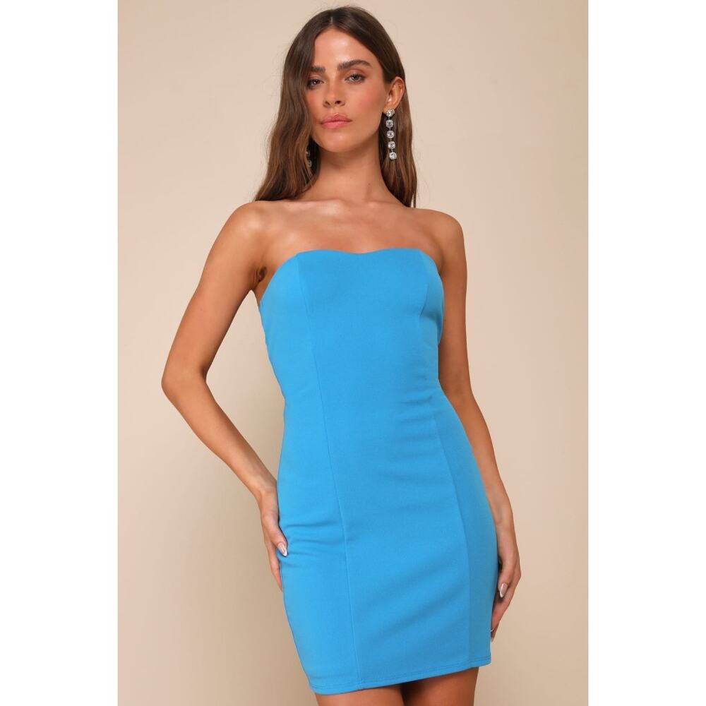NWT Lulus Bright Aesthetic Blue Strapless Cutout Bodycon Mini Dress Party Size S